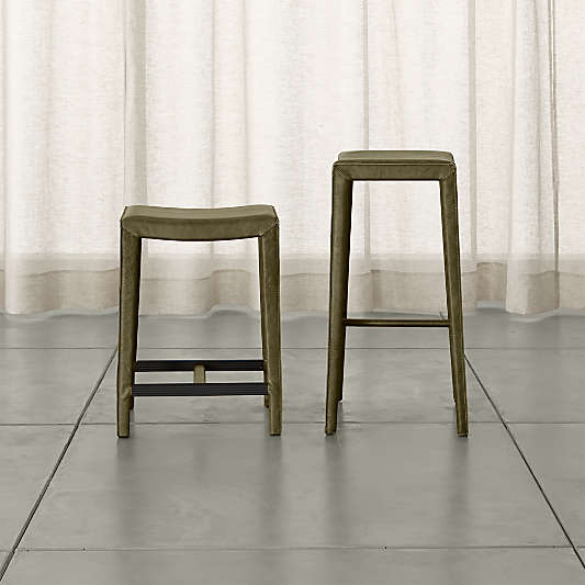 Folio Olive Green Top-Grain Leather Backless Counter Stool