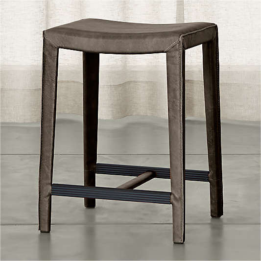 Folio Granite Grey Top-Grain Leather Backless Counter Stool