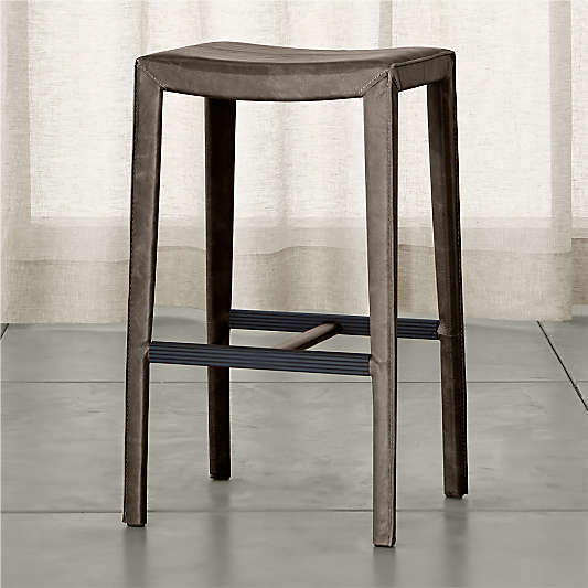 Folio Granite Grey Top-Grain Leather Backless Bar Stool