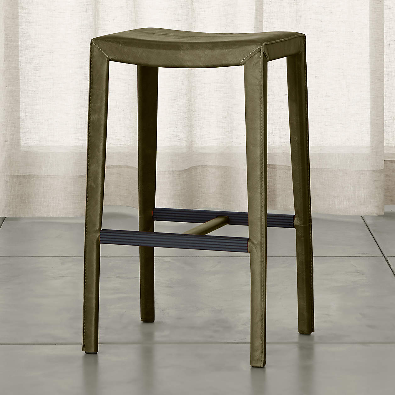 Folio Olive Green TopGrain Leather Backless Bar Stool Crate and Barrel