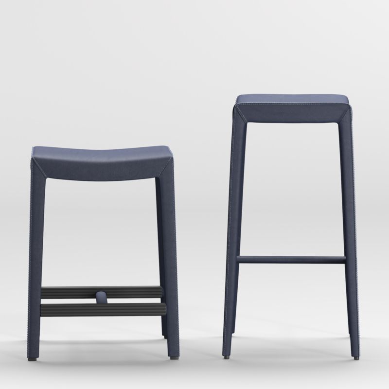 Folio Deep Blue Top-Grain Leather Backless Counter Stool