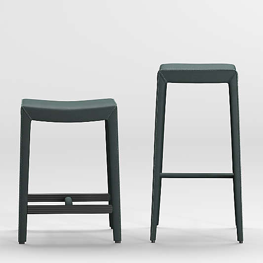 Folio Dark Green Top-Grain Leather Backless Counter Stool