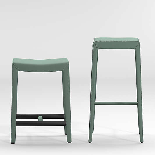 Folio Green Top-Grain Leather Backless Counter Stool