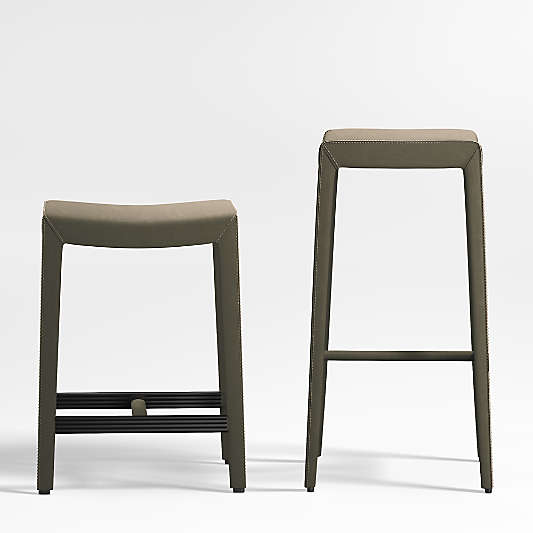 Folio Olive Green Top-Grain Leather Backless Counter Stool