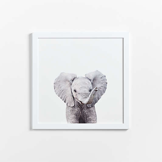 Baby Elephant White Wood Framed Wall Art Print