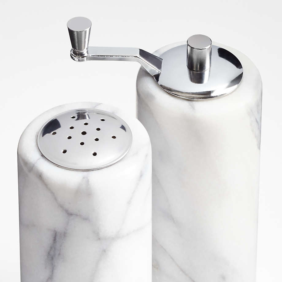 Salt and Pepper Mill Grinder Set, White Marble with Stainless Steel Top