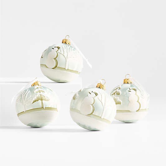 Frosty Winter Scene Glass Christmas Tree Ornament, Set of 4