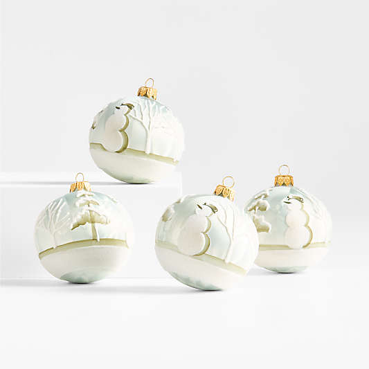 Frosty Winter Scene Glass Christmas Tree Ornament, Set of 4