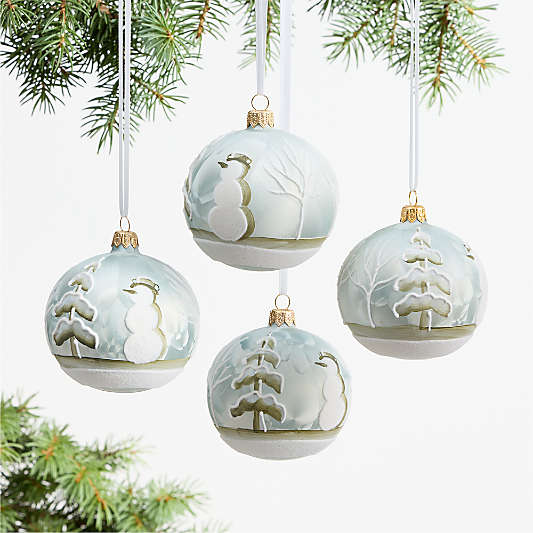European Frosty Winter Scene Glass Christmas Tree Ornament Set of 4