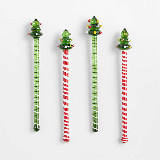 Festive Tree Double Old Fashioned Glass Drink Stirrers, Set of 4