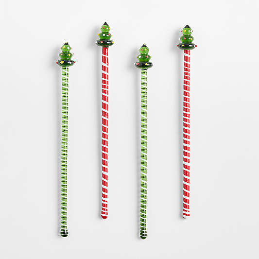 Festive Tree Highball Glass Drink Stirrer, Set of 4