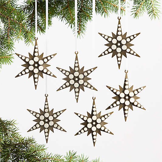 Faux Pearl and Brass Metal Star Christmas Tree Ornament Set of 6