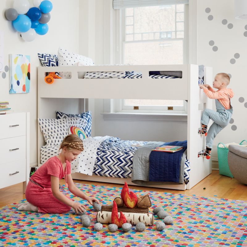 Abridged White Glaze Wood Low Kids Twin Bunk Bed Frame with Left Ladder