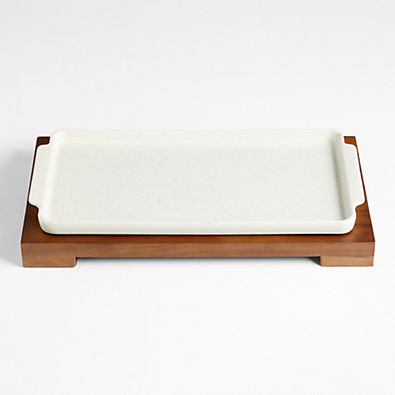 View Calistoga Ceramic Sheet Pan Serving Dish with Wooden Footed Trivet by Gaby Dalkin details