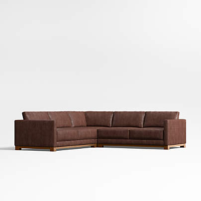 Gather Deep Wood Base 3-Piece L-Shaped Leather Sectional Sofa
