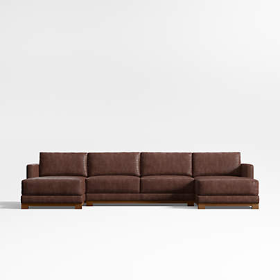 Gather Deep Wood Base 3-Piece U-Shaped Leather Sectional Sofa with Double Chaise Lounge