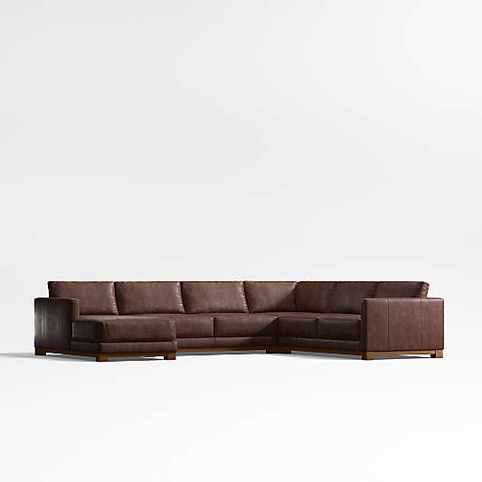 Gather Deep Wood Base 4-Piece L-Shaped Leather Sectional Sofa with Chaise Lounge