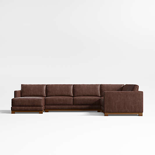 Gather Deep Wood Base Leather 4-Piece Corner Sectional Sofa with Chaise Lounge