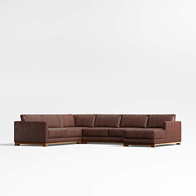 Gather Deep Wood Base 4-Piece L-Shaped Leather Sectional Sofa with Chaise Lounge