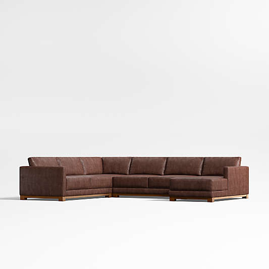 Gather Deep Wood Base 4-Piece L-Shaped Leather Sectional Sofa with Chaise Lounge