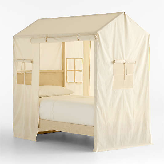 Gemini Sun Washed Ash Wood Kids Twin Tent Bed with Cream Cotton Cover