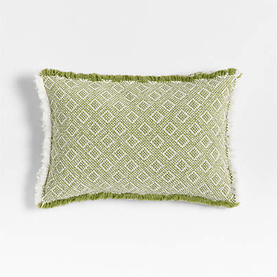 Geo Fringe Organic Cotton 22"x15" Cardamom Green Throw Pillow with Down-Alternative Insert