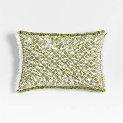Geo Fringe Organic Cotton 22x15 Cardamom Green Throw Pillow with Down-Alternative Insert