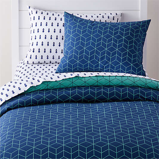 Organic Geo Tile Full-Queen Dark Blue Duvet Cover