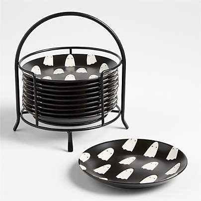 Ghosts 6" Appetizer Plates with Stand, Set of 10