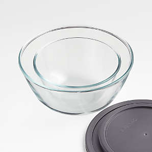 Crate&Barrel Pyrex Glass Bowls with Grey Lids, Set of 2