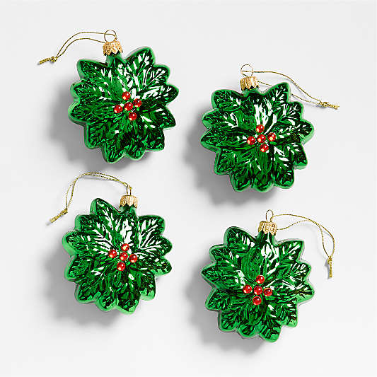 Glass Holly Christmas Tree Ornament, Set of 4