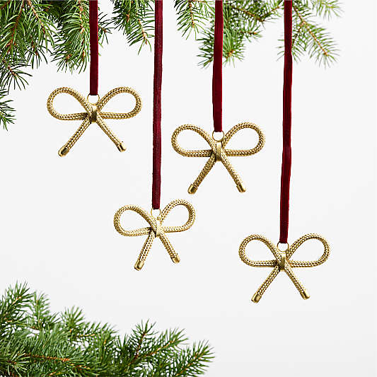 Gold Beaded Metal Bow Christmas Tree Ornament, Set of 4