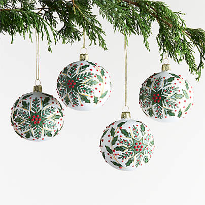 European Glitter Holly Ball Christmas Ornament, Set of 4
