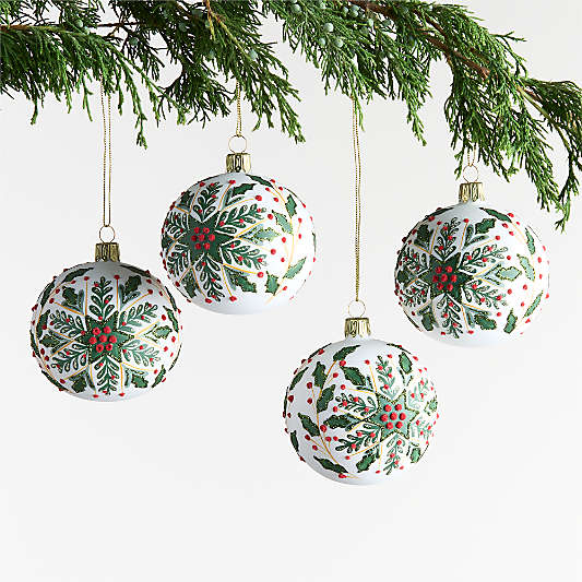 European Glitter Holly Ball Christmas Ornament, Set of 4