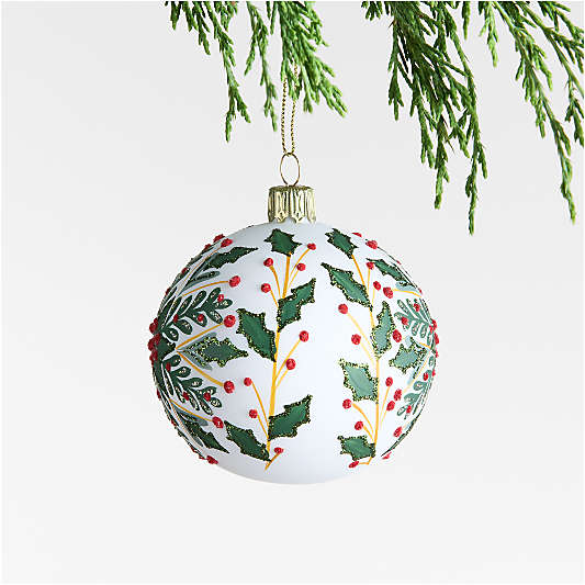 European Glitter Holly Ball Christmas Ornament