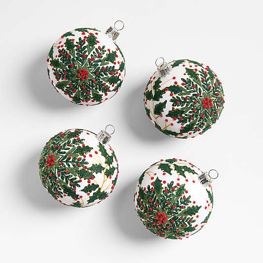 Glitter Holly Ball Christmas Ornaments, Set of 4