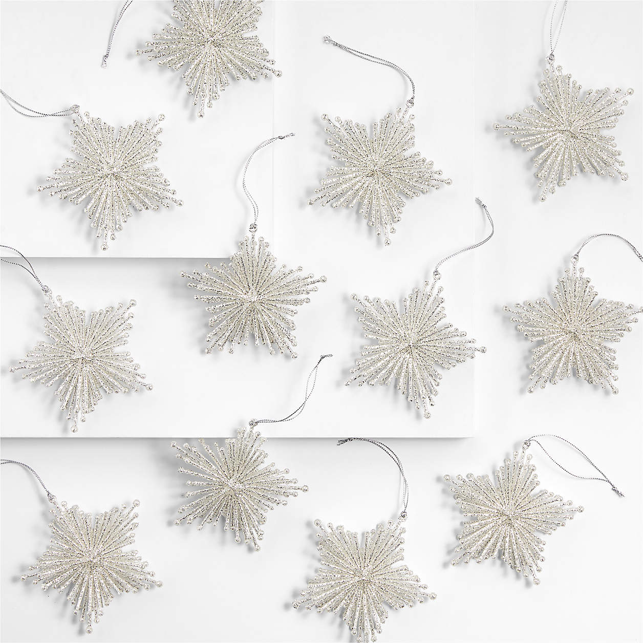 Silver Glitter Starburst Christmas Ornaments, Set of 12 | Crate & Barrel