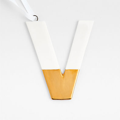 View Gold-Dipped Ceramic Letter "V" Monogram Christmas Tree Ornament details