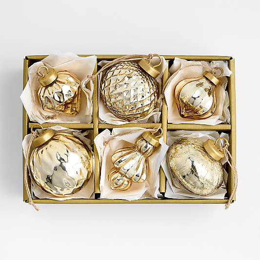 Gold Mercury Glass Christmas Ornaments, Boxed Set of 6
