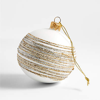 Silver and Gold Glitter Striped White Glass Ball Christmas Tree Ornament