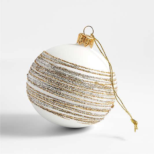 Silver and Gold Glitter Striped White Glass Ball Christmas Tree Ornament, Set of 4