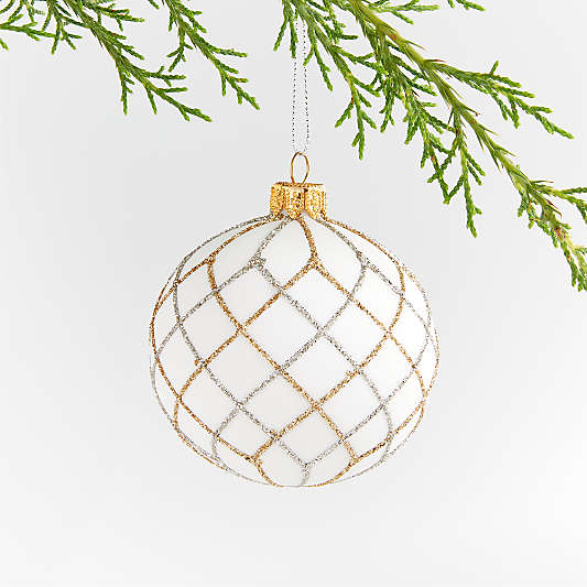 Silver and Gold Glitter Net White Glass Ball Christmas Tree Ornament