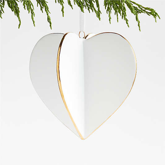 Large Gold and White Ceramic Heart Christmas Tree Ornament