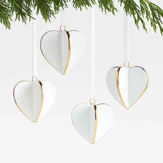 Small Gold and White Ceramic Heart Christmas Tree Ornaments, Set of 4