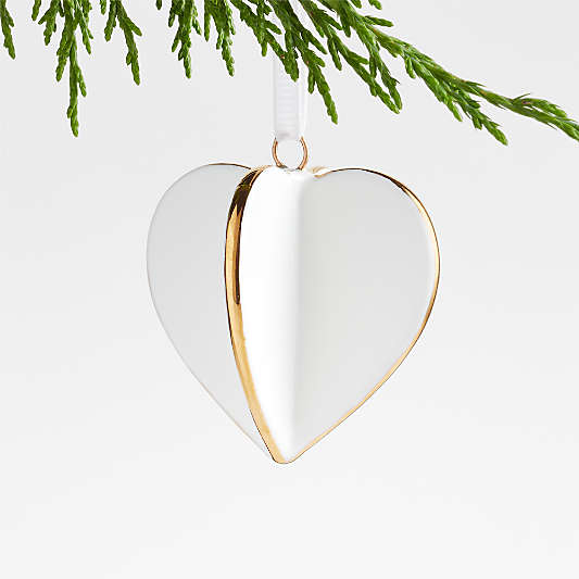 Small Gold and White Ceramic Heart Christmas Tree Ornament