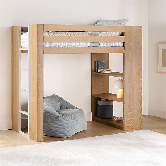 Grayson Natural Brown Oak Wood Kids Storage Loft Bed with Built-In Ladder