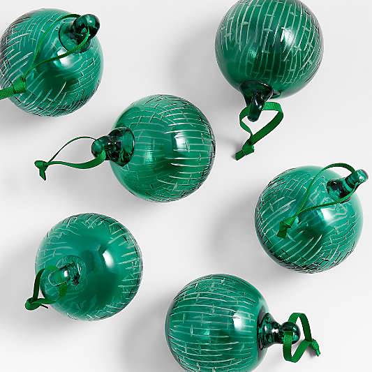 Green Etched Glass Ball Christmas Tree Ornaments, Set of 6