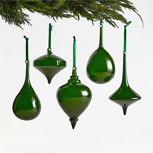 Green Glass Christmas Tree Ornaments, Set of 5