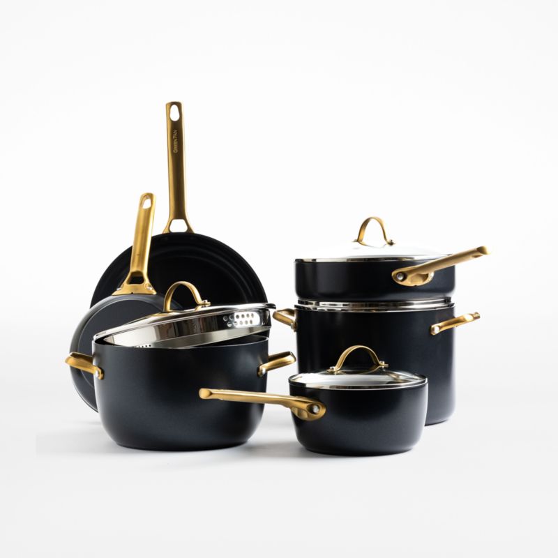 Reserve Ceramic Nonstick 1.5-Quart and 3-Quart Saucepan Set with Lids |  Black with Gold-Tone Handles