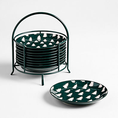 View Green Trees Appetizer Plates with Stand, Set of 10 details